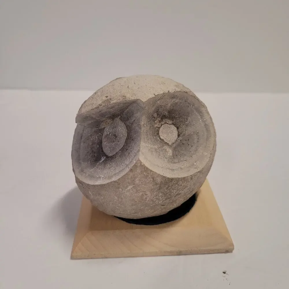 Owl Figurine Stone Primitive on Wooden Base Table Top Statue Gray